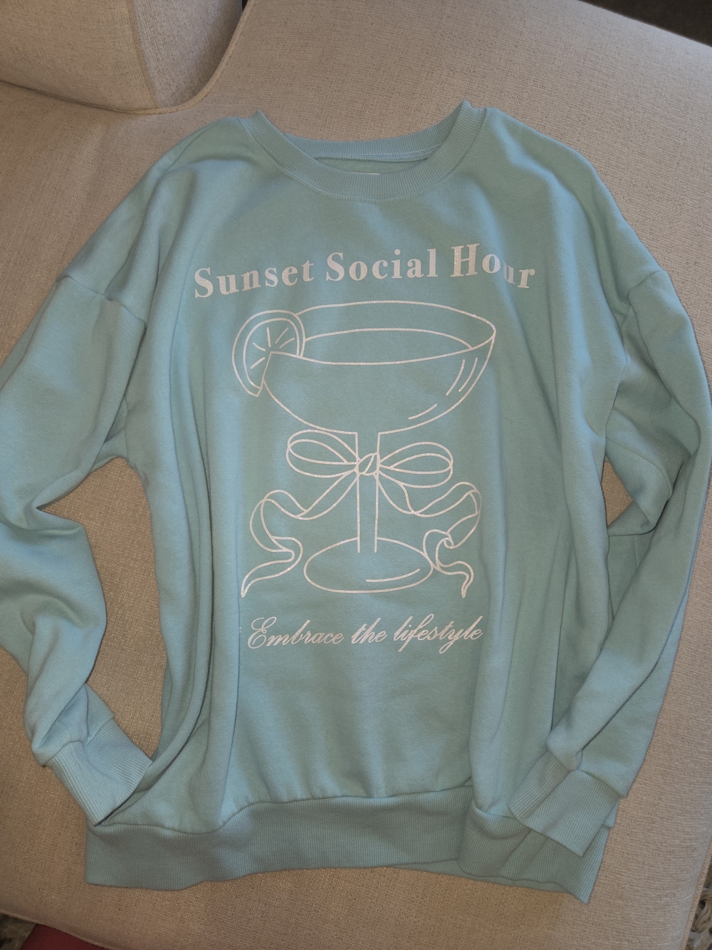 Sunset Social Hour Light Blue Graphic Sweatshirt - Women's Casual Pullover